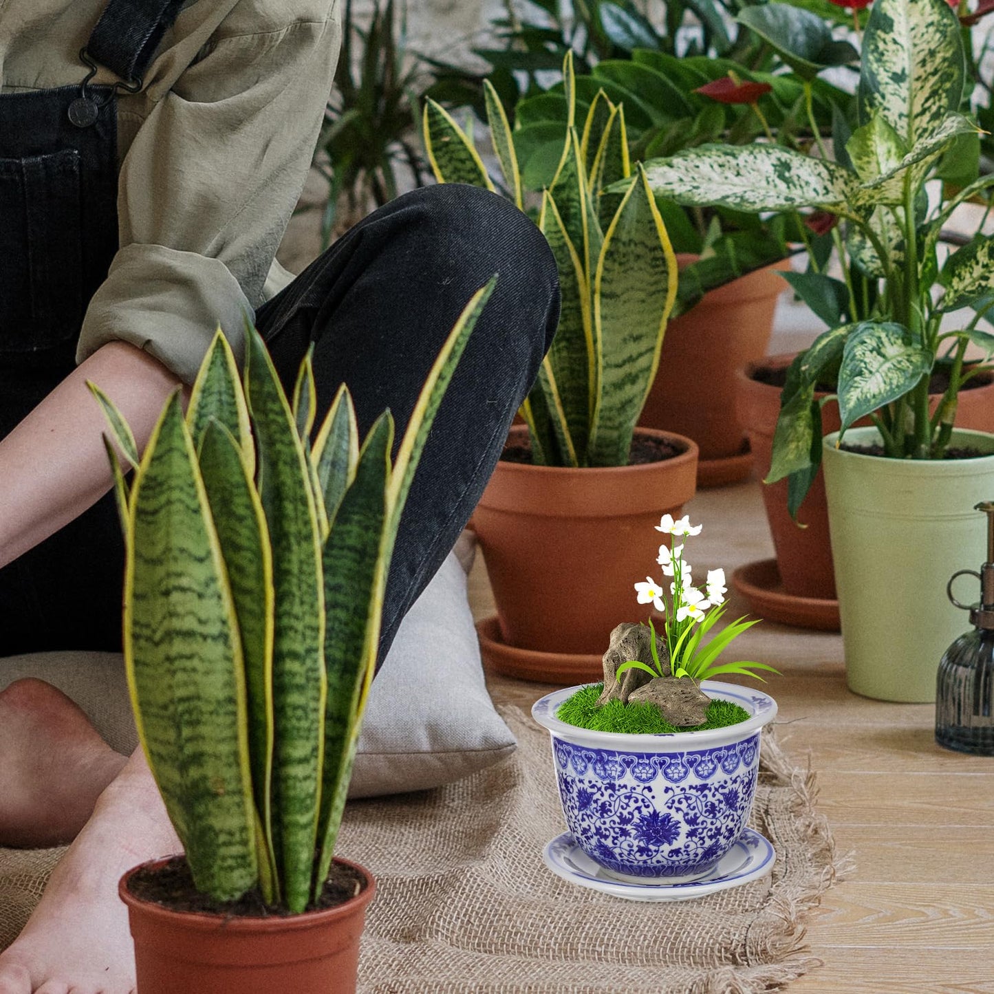 DOITOOL Blue and White Ceramic Planter Pot Chinese Ceramic Flower Pots Oriental Planter Decorative Succulent Plant Pot with Trays for Balcony Yard Home Decoration