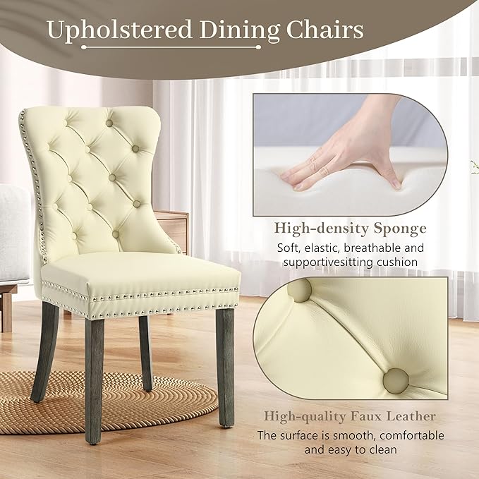 KCC Faux Leather Dining Chairs Set of 2, Upholstered High-end Tufted Dining