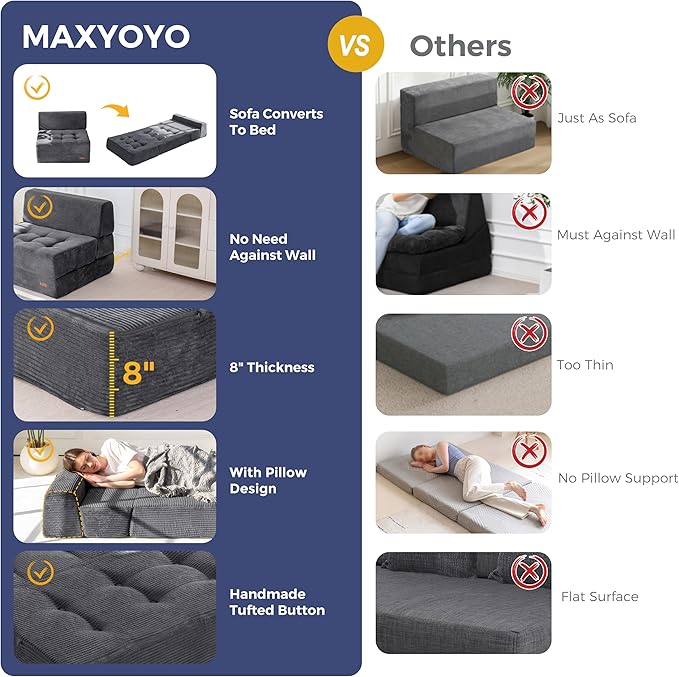 MAXYOYO 8" Folding Sofa Bed, Fold Out Chair Bed Sleeper Chair, Convertible
