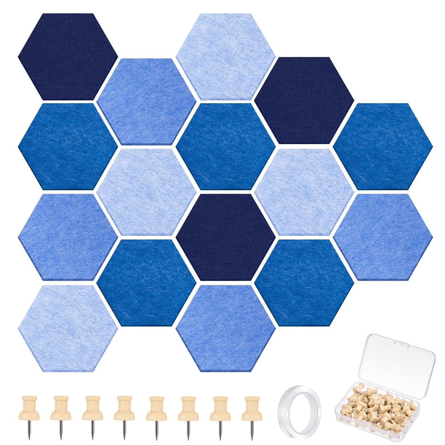 Mindsoft 16 Pcs Hexagon Cork Board for Walls with 50 Wooden Push Pins 6.7 x 5.9 in Felt DIY Tiles Notice with Nano Tape Hanging Bulletin Board for Home Photo Office Memo Note(Ocean)