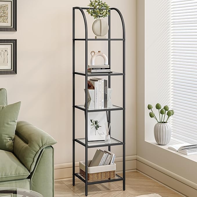 Hzuaneri Bookcase Bookshelf, Tempered Glass Arched Bookshelf