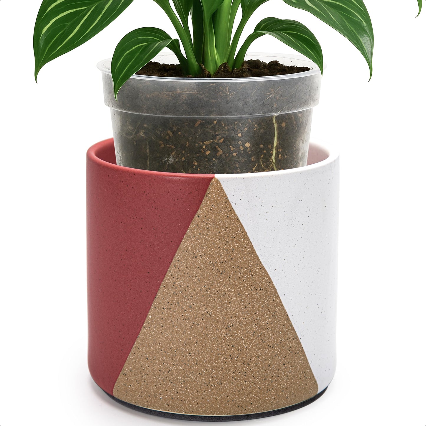 D'vine Dev 6.5" Stoneware Cachepot Planter with 6" Low Clear Nursery Pot & Detachable Saucer – Modern Indoor Plant Pot with Drainage for Bottom Watering & Root Visibility, Crimson Dune, 93-O-C-4