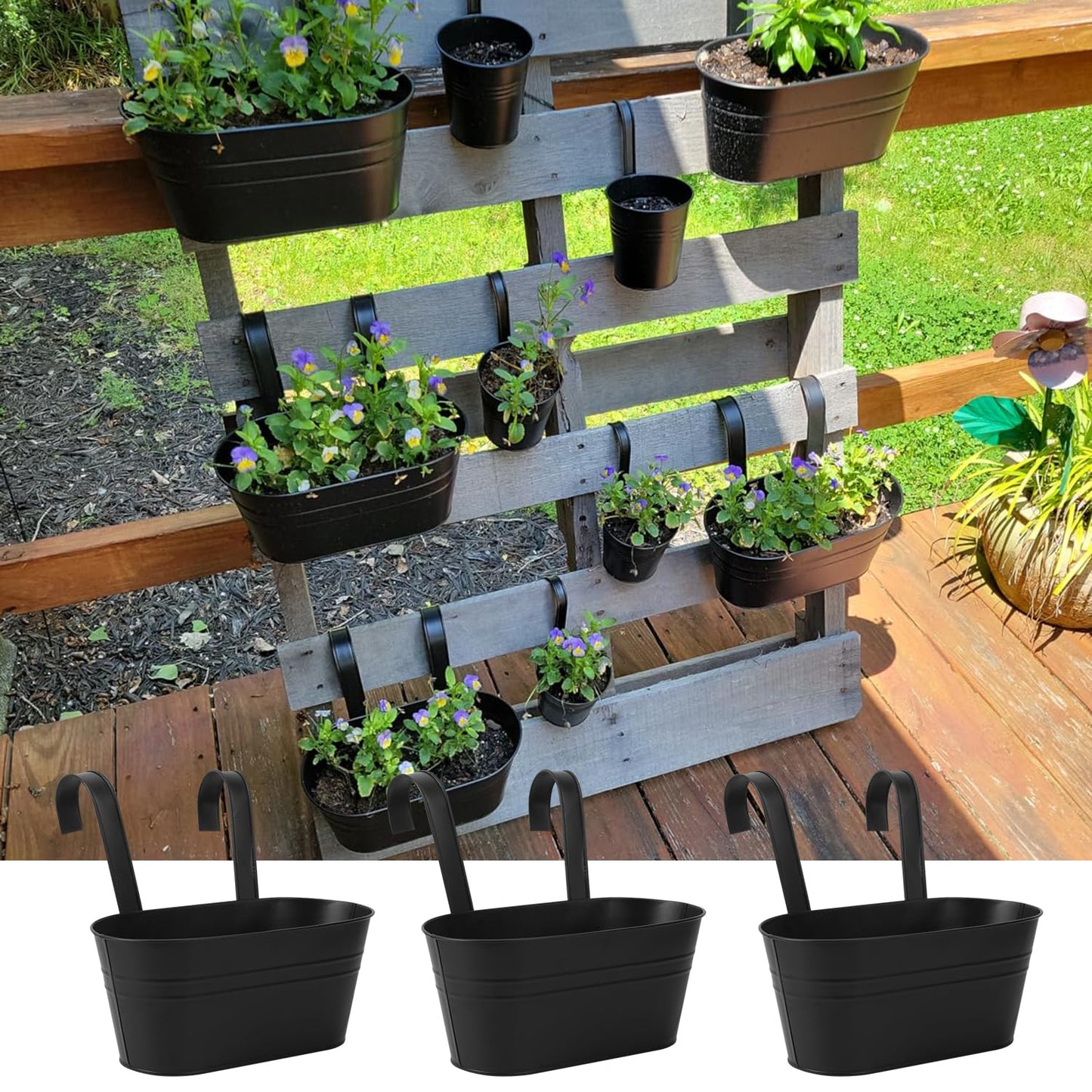 Biugaaufai 6 Pack Metal Railing Planter for Outdoor Plants, BlackIron Railing Planters, Metal Window Hanging Flower Pots for Balcony, Fence, and Patio Railings, Garden Decor with Drainage Holes