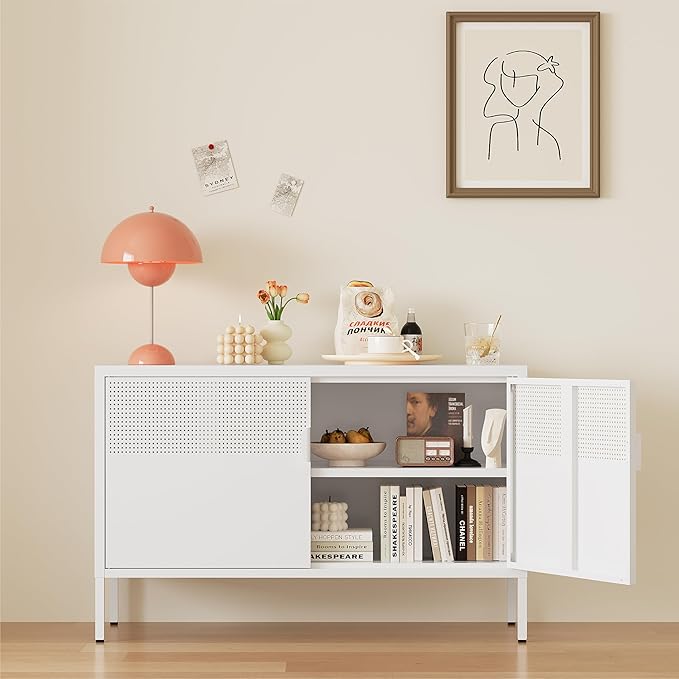 Metal Storage Cabinet, 2 Door TV Stand, Metal Mesh Accent Cabinet, Magnetic