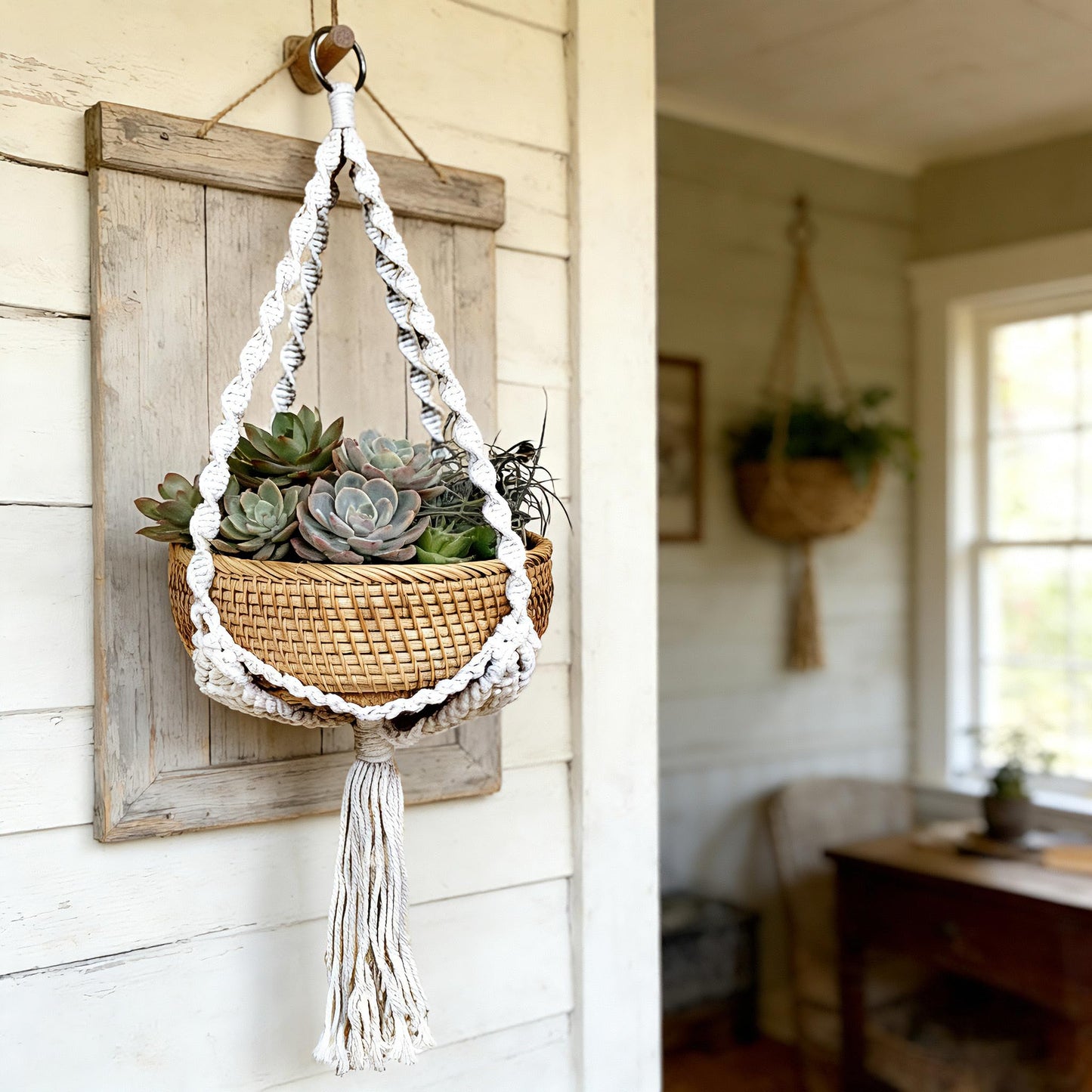 chicapica 8.7" Woven Macrame Plant Hanger & Hanging Rattan Basket - Boho Decorative Wall Basket for Indoor Plants & Dried Flowers - Handmade Wicker Storage for Farmhouse Home Decor, Living Room