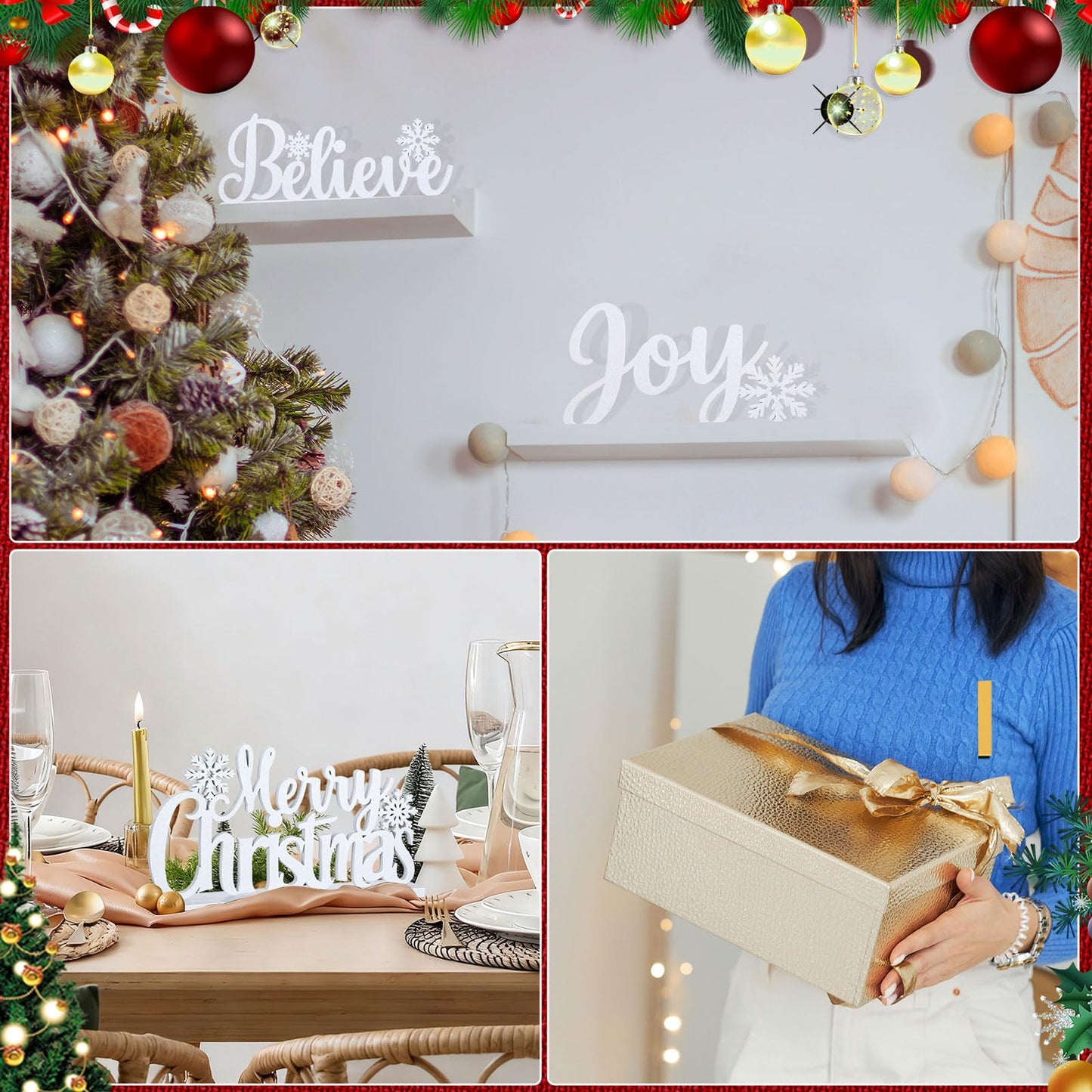 Roowest 4 Pcs Wooden Christmas Table Sign White Merry Christmas Table Decor Elegant Joy Wood Cutout with Glitter Tabletop Believe Peace Words Centerpiece for Mantle Tiered Tray Shelf Xmas Party Decor