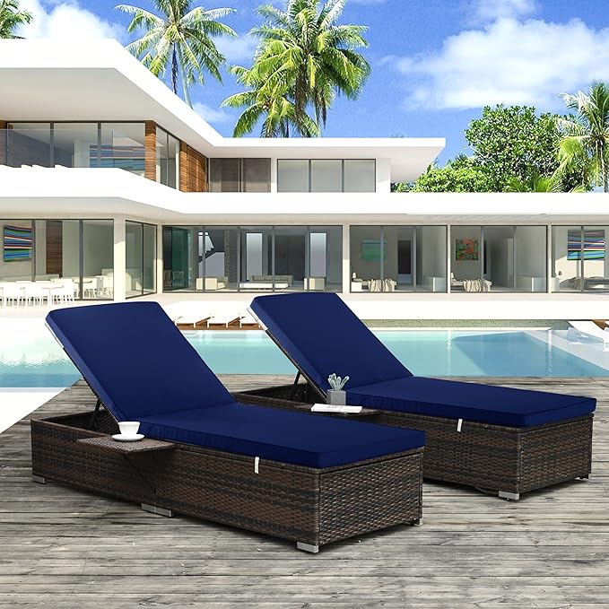 Outdoor Chaise Lounge Cushion Set of 2, Fadesafe Water-Repellent Lounge Deck