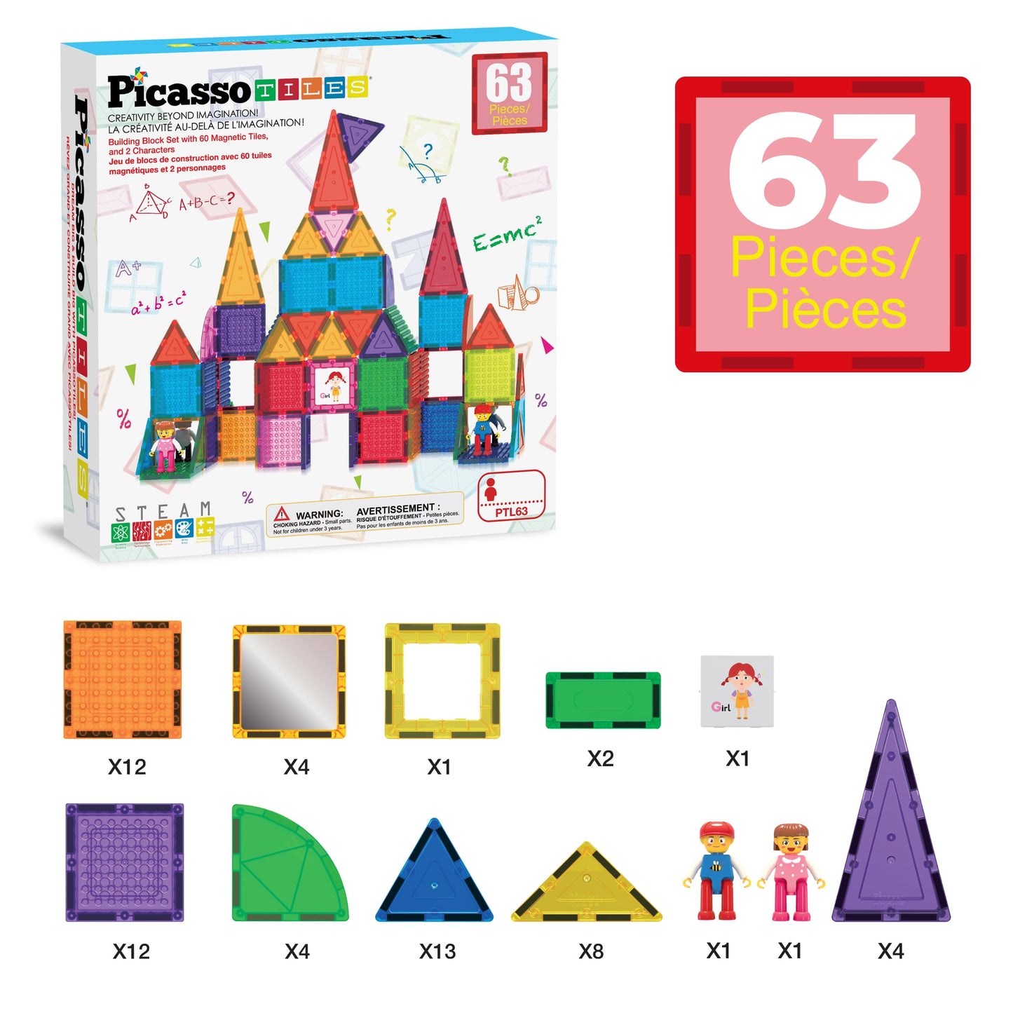 PicassoTiles 63pc Magnetic Tile Building Block Set with 2 Character Figures STEM 3D Construction Educational Toy for Kid Toddlers Boys Girls Age 3 Plus Montessori Learning Playset Creativity Kit PTL63