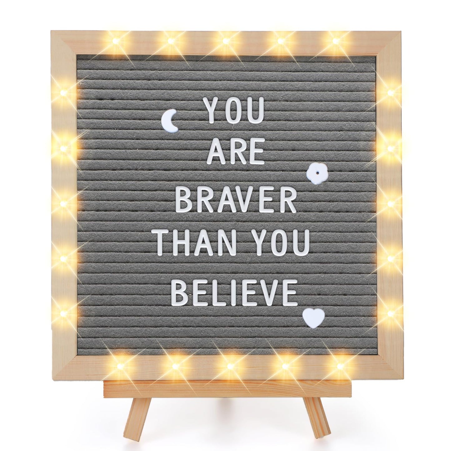 Changeable Felt Letter Board with LED Lights - 10×10" Message Custom Signs & Wood Stand & 450 Letters, Poster Board for Baby/Pregnancy Announcement/Classroom Wall Decor Gifts First Day of School, Grey