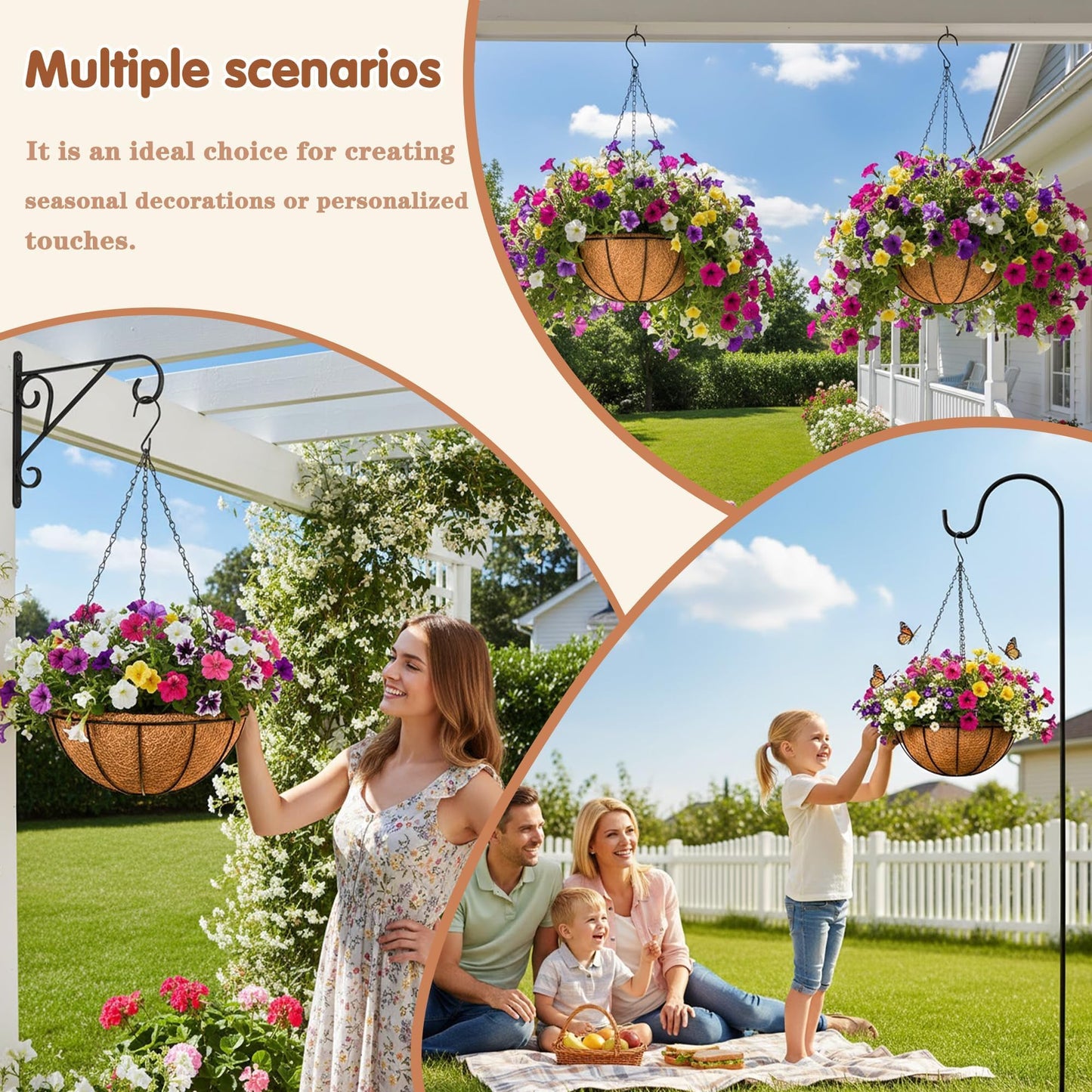 8 inch Metal Hanging Baskets For Plants Outdoor 4 Pack Round Metal Wire Hanging Basket Planter with Coco Fiber Liners Chain Round Wire Plant Holder for Garden, Patio, Deck, Porch Plants Flower Potss