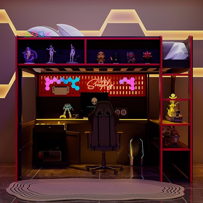 Modern Gaming Loft Bed with Built-in Desk, LED Lighting & Charging Hub – Full