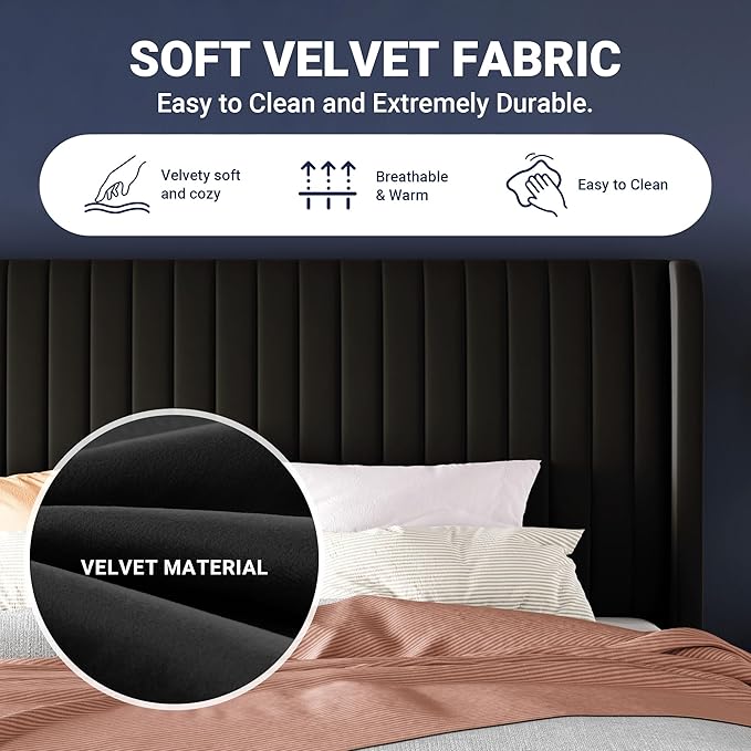 Allewie Queen Size Velvet Bed Frame/Vertical Channel Tufted Wingback