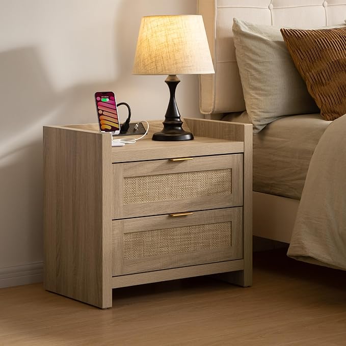 SICOTAS Rattan Nightstands Set of 2 Bedside Table