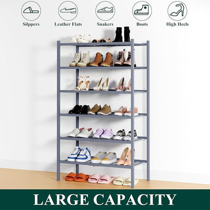 Smiry Bamboo Shoe Rack, 6 Tier Free Standing Wooden Shoe Organizer, Stackable Wood Shoe Storage Shelf for Closet, Entryway, 14 Vertical Slats, 2+2+2 Stack Heavy-Duty Legs, 26.8"x11"x39", Grey