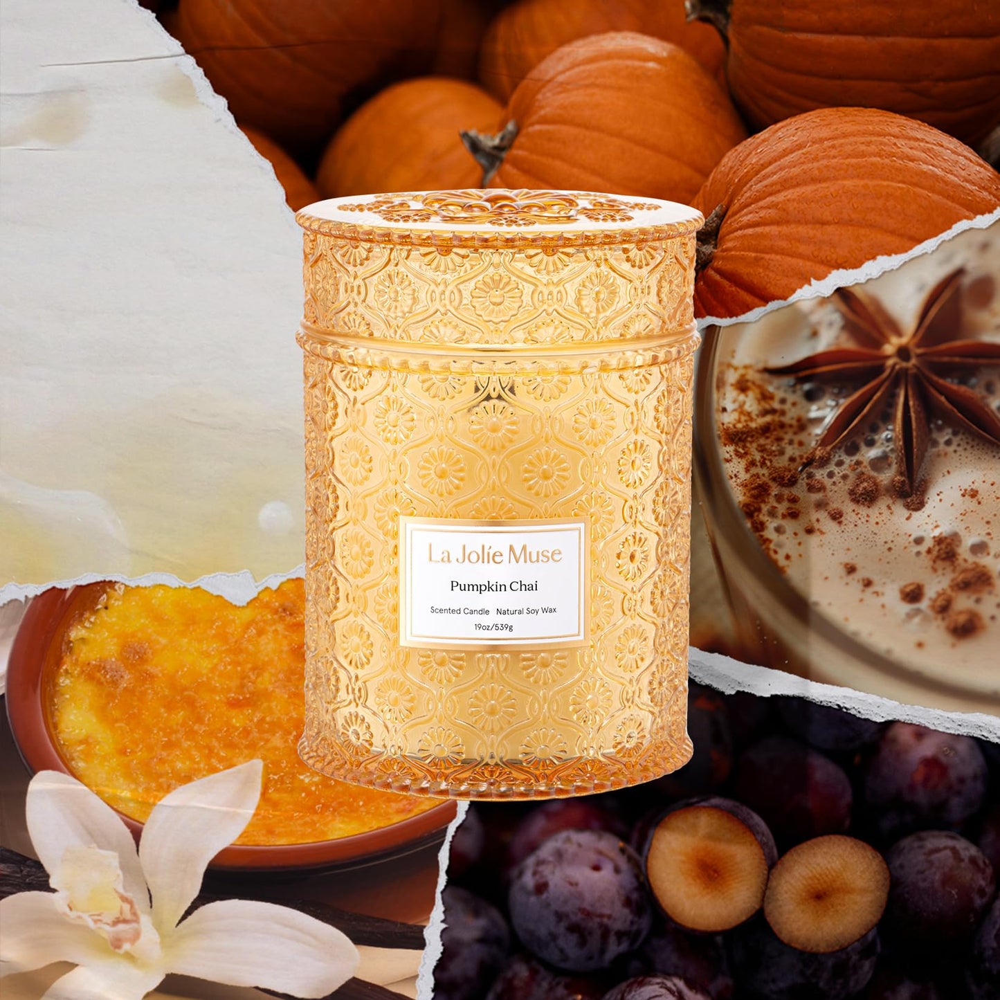 LA JOLIE MUSE Pumpkin Chai Home Scented Candle for Fall | 19 oz Non Toxic Natural Soy | Luxury Large Jar Candle for Home | Decor Gifts for Women & Men | Wood Wick
