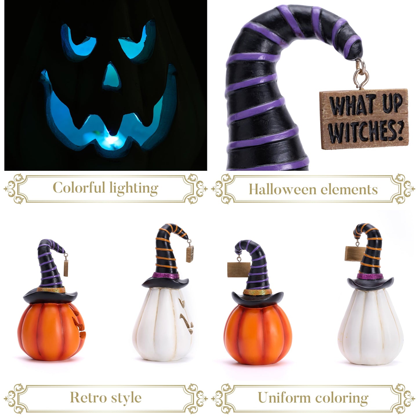 Valery Madelyn Pumpkin Halloween Decorations Indoor for Home, 2Pcs Resin Halloween Figurines with Light, White and Orange Jack o Lantern Decor with Witch Hat for Table Tiered Tray, 6.5" Tall