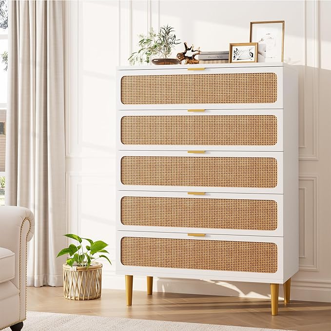 GarveeHome Rattan 5 Drawer Dressers