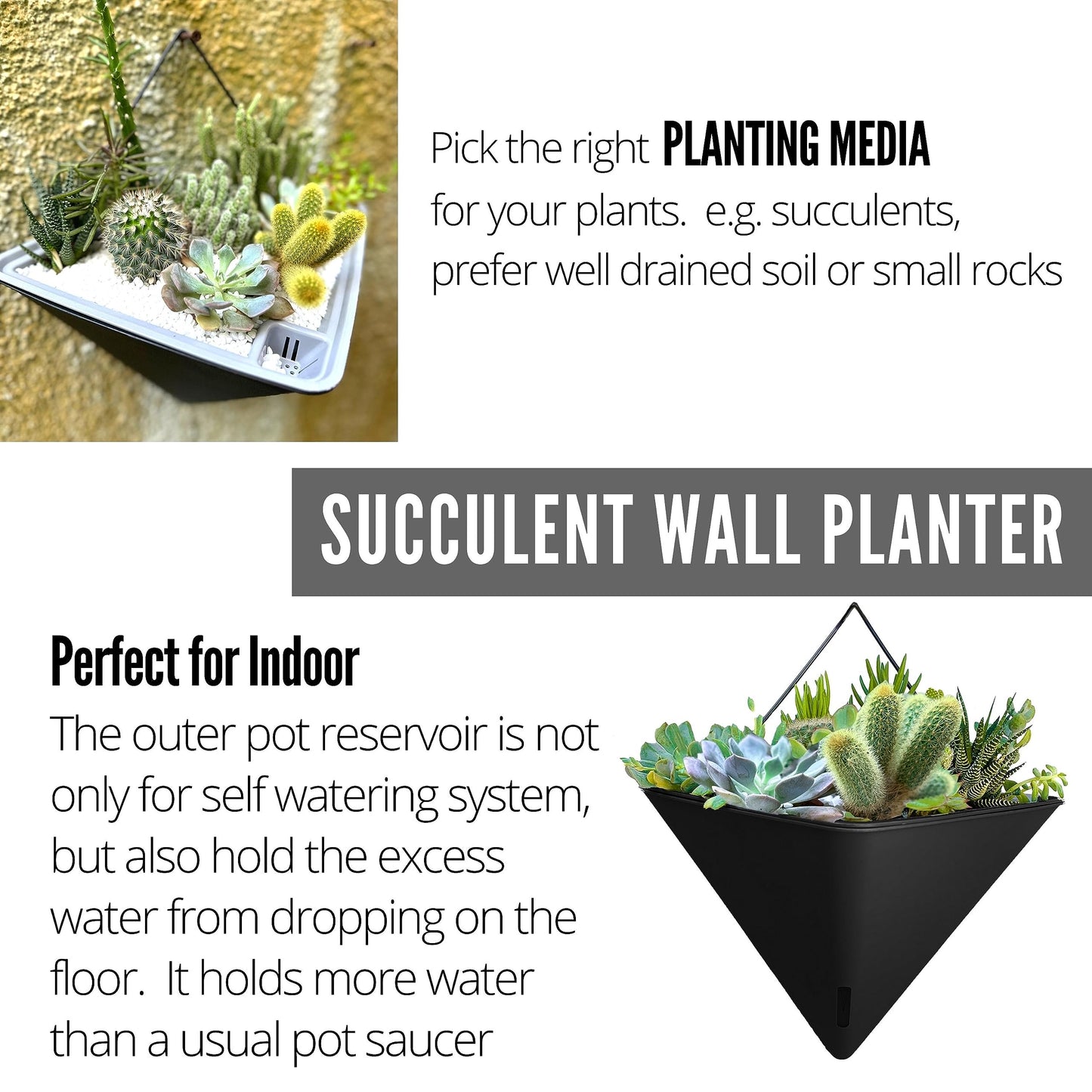 LaLaGreen Bundle - 12" x 6 Pack Black + 12" x 2 Pack White Large Self Watering Geometric Hanging Flower Vase Vessel with Metal Hanger, Modern Stylish Wall Mounted Succulent Pot Holder Decor
