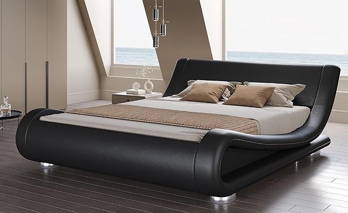 SHA CERLIN Full Size Upholstered Bed Frame, Deluxe Low Profile Sleigh Bed