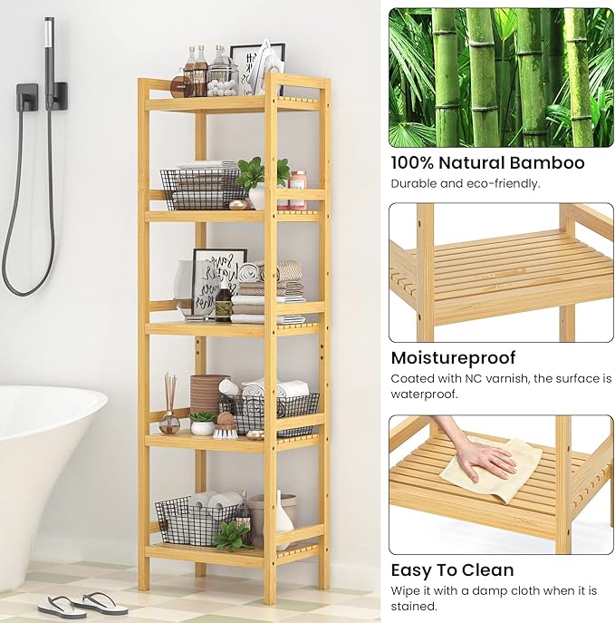 Homykic Bamboo Bookshelf, 5-Tier Narrow 55.9” Adjustable Book Shelf Bookcase