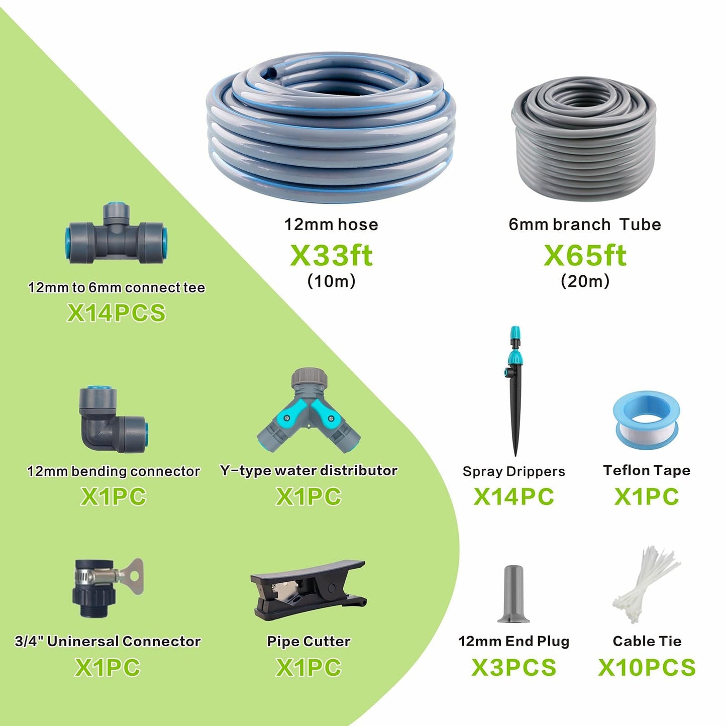 Drip Irrigation System 98ft, Fast Connect Automatic Irrigation Kit with 12mm, 6mm Blank Distribution Tubing and Accessories, DIY Garden Watering Equipment for Garden, Greenhouse, Flower Bed, Patio