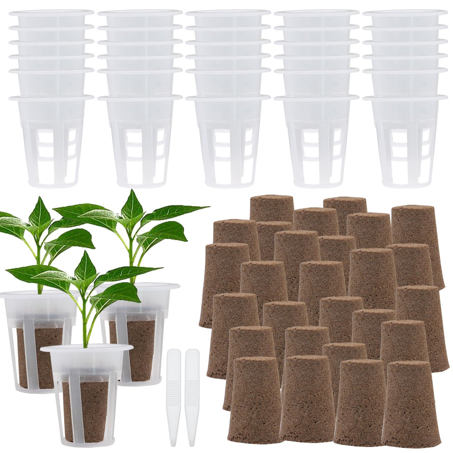 vibedor 62 PCS Hydroponic Seed Growing System Hydroponic Growing Kit, 30 Hydroponics Plant Baskets and 30 Grow Sponges Pods, 2 Tweezers for Ourdoor Use and Garden Indoor