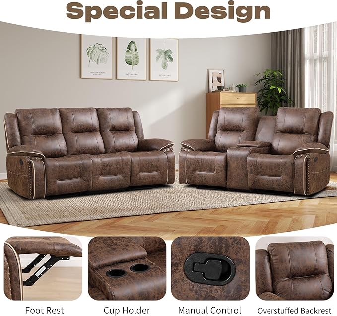 EBELLO Manual Recliner Sofa Set, Faux Leather Reclining Loveseat and 3 Seater