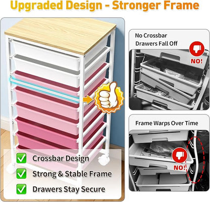 SUNALLY Rolling Storage Utility Cart With 8 Drawers, Storage Drawer Cart with Wooden Tabletop and 2 Lockable Wheels, 8 Tier Rolling Cart for Craft Art Supply Storage & Home Office Organization, Pink