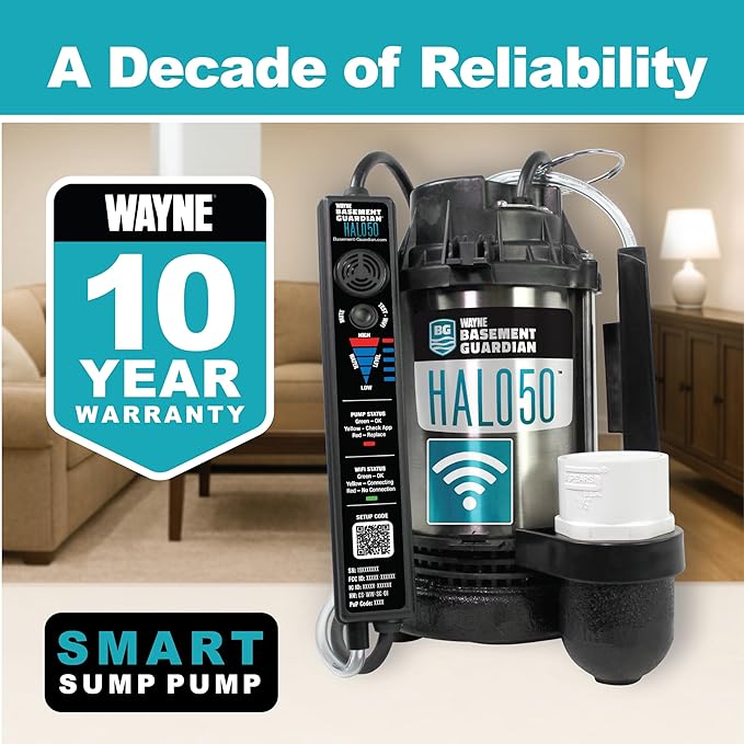WAYNE HALO50 Smart Sump Pump – ½ HP Stainless Steel Basement Protection Pump, Up to 5,100 GPH – Digitally Connected Flood Protection with App Monitoring – Quiet Operation