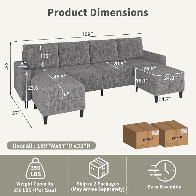 Sectional Couches for Living Room, 6-Seats Soft Linen Fabric Sectional Sofa