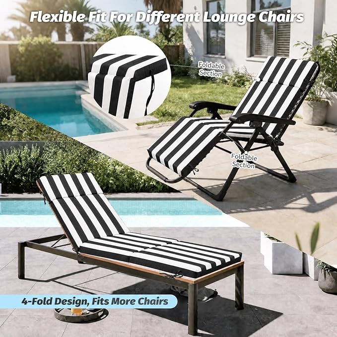 2 Pcs Outdoor Chaise Lounge Cushion 72" x 21" x 3", Folding Patio Lounge Chair