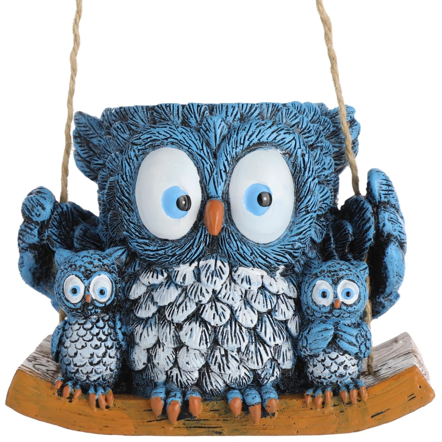 White Owl Family Hanging Flower Pot with Wooden Base, Cute Desktop Decor Ceramic Planter for Indoor Succulent Plants, Unique Hanging Bird Nest Pottery for Home Garden Wall Decor
