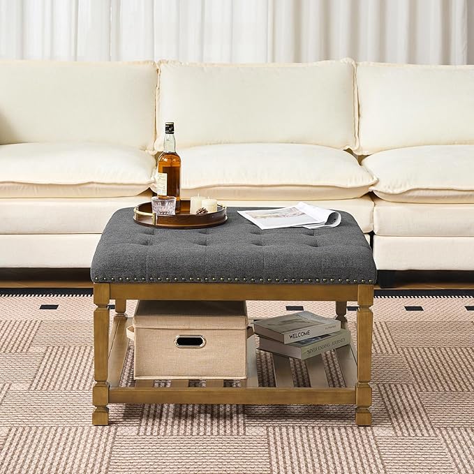 Befurtori Large Square Ottoman Coffee Table, Linen Solid Upholstered Footrest