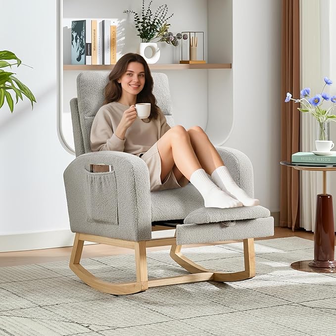 Modern Nursery Rocking Chair, Teddy Upholstered Rocking Chair