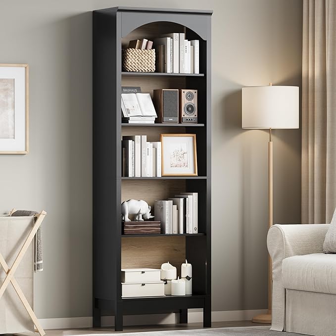 Arched Bookshelf with 5 Tier Open Shelves, Study and Living Room, Modern Black