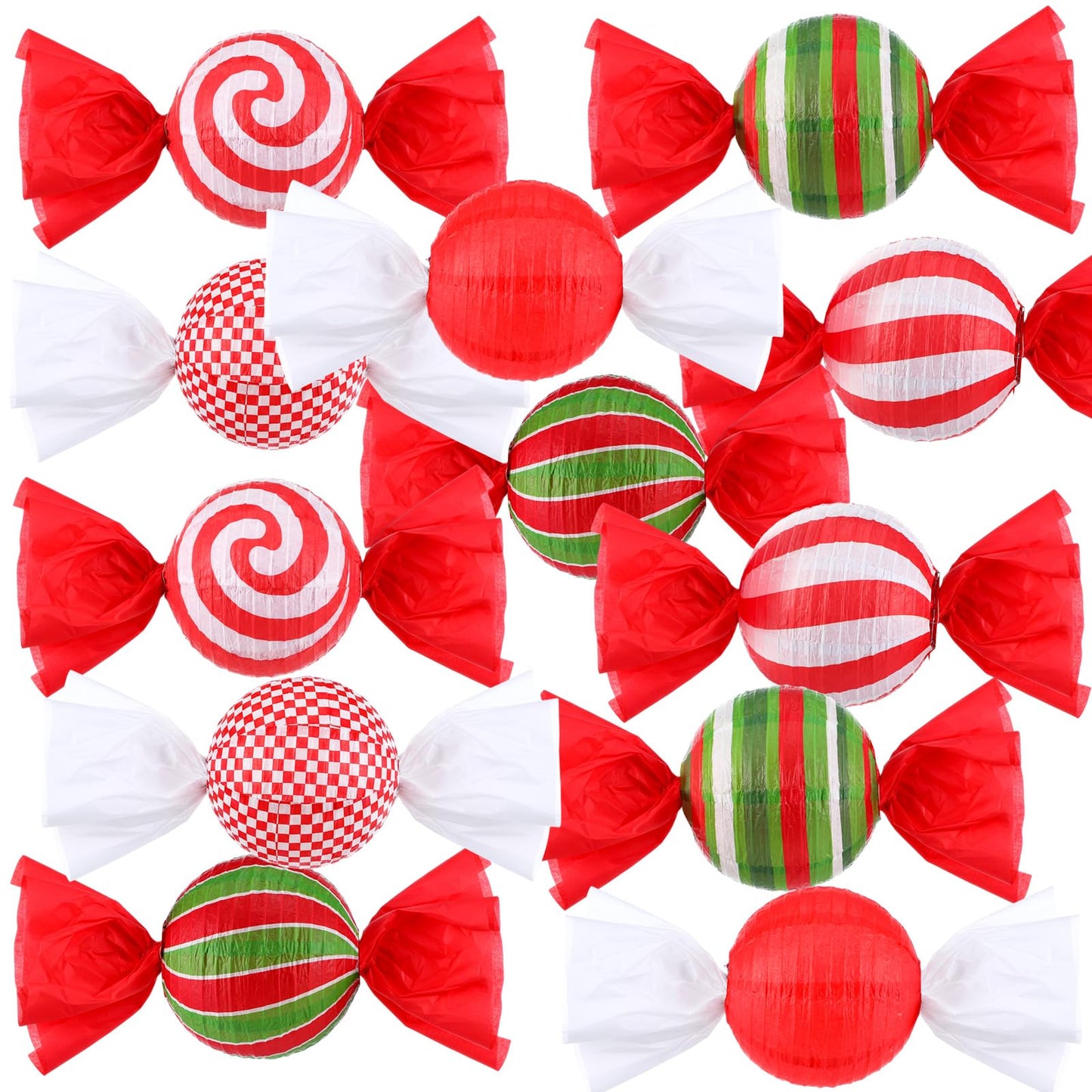 Faccito 12 Pcs Christmas Candy Paper Lanterns 8 Inch Red Green White Candy Canes Peppermint Lanterns DIY Decorative Hanging Paper Party Decorations for Xmas Party Supplies