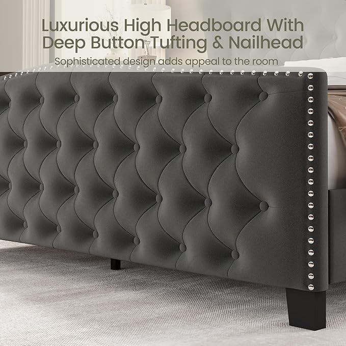 LARMACE Queen Size Bed Frame Velvet Upholstered Platform Bed