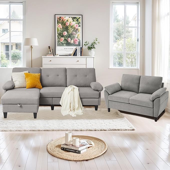 84" Convertible Sectional Sofa Set, 3 Seat L Shaped Couch