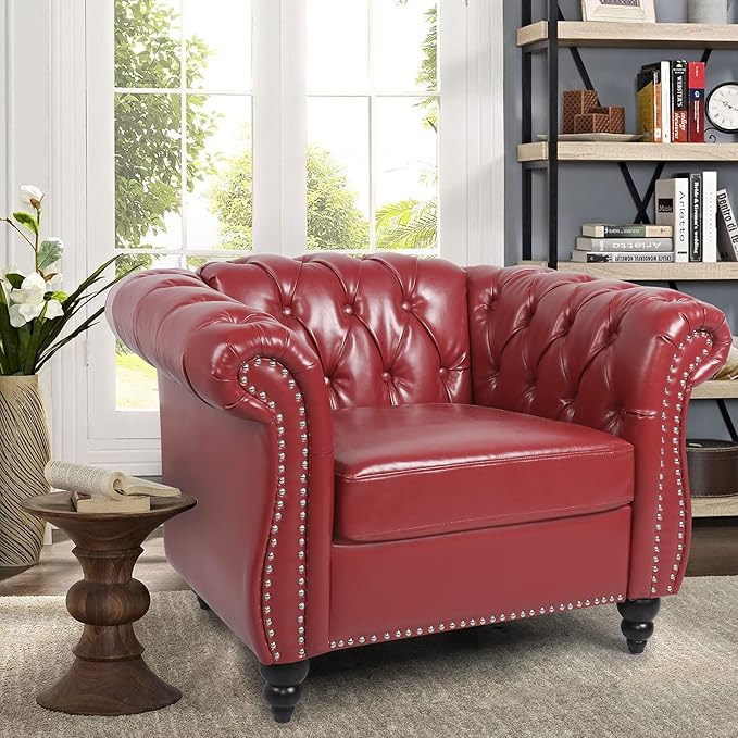 LEVNARY Leather Upholstered Armchair, Mid-Century Modern Single Sofa Chair