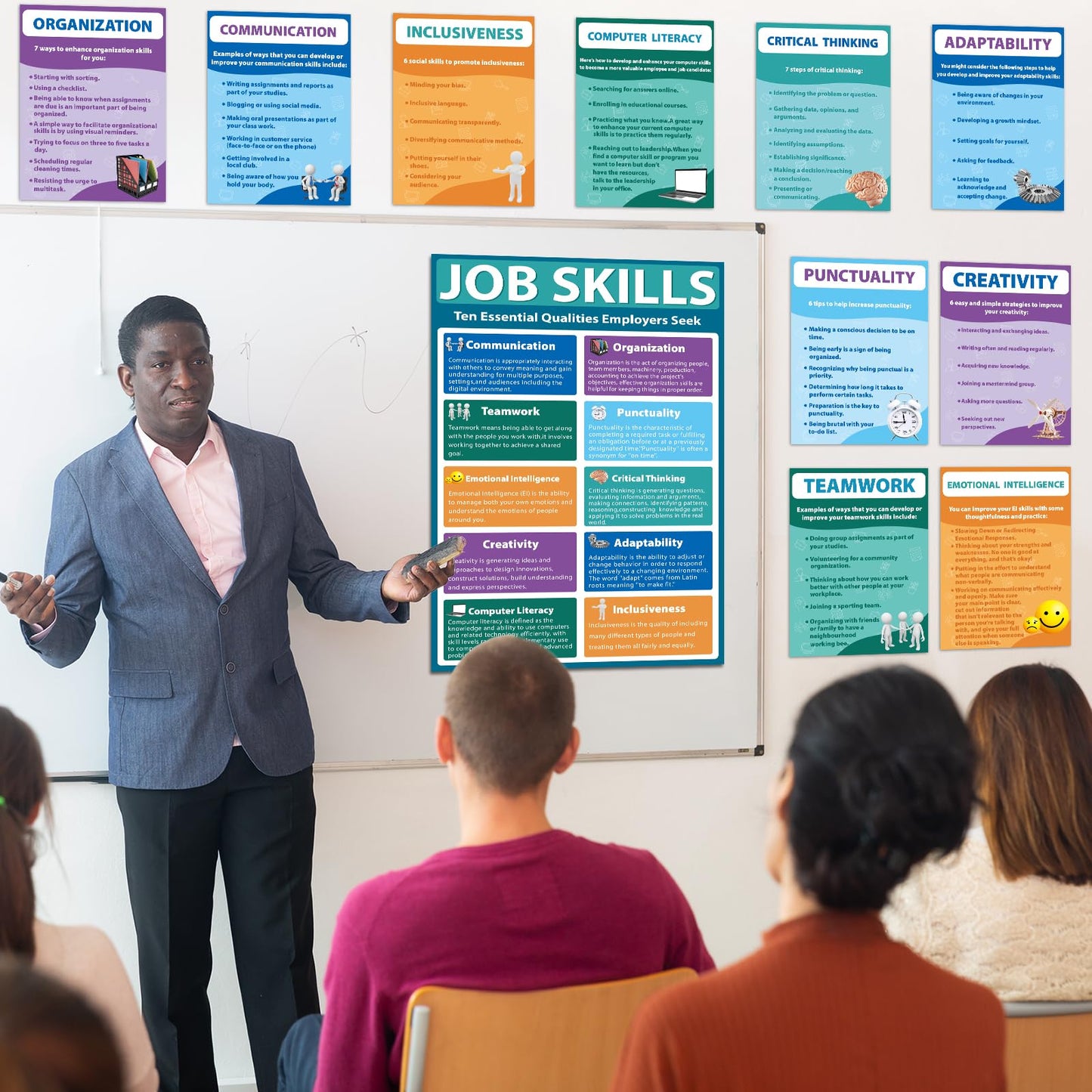 11Pcs Job Skills Posters Educational Bulletin Board Set for Classroom Decorations Essential Qualities Employers Seek Posters for College High school Library Home Reading Corner Wall Decors Supplies