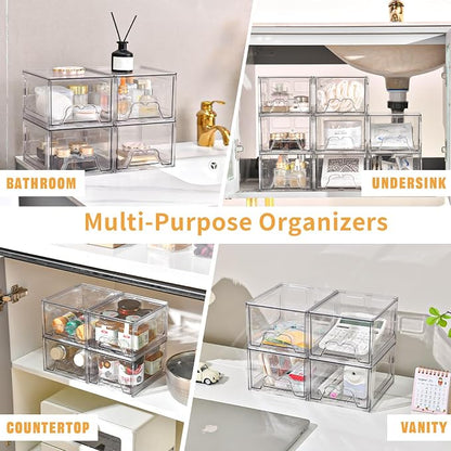 Stebopum 8 Pack Stackable Makeup Organizer, 4.4'' Tall Acrylic Bathroom Makeup Organizer and Storage Drawer with Pull-out Handle, Clear Plastic Storage Bins for Vanity,Pantry,Desk,Undersink,Kitchen