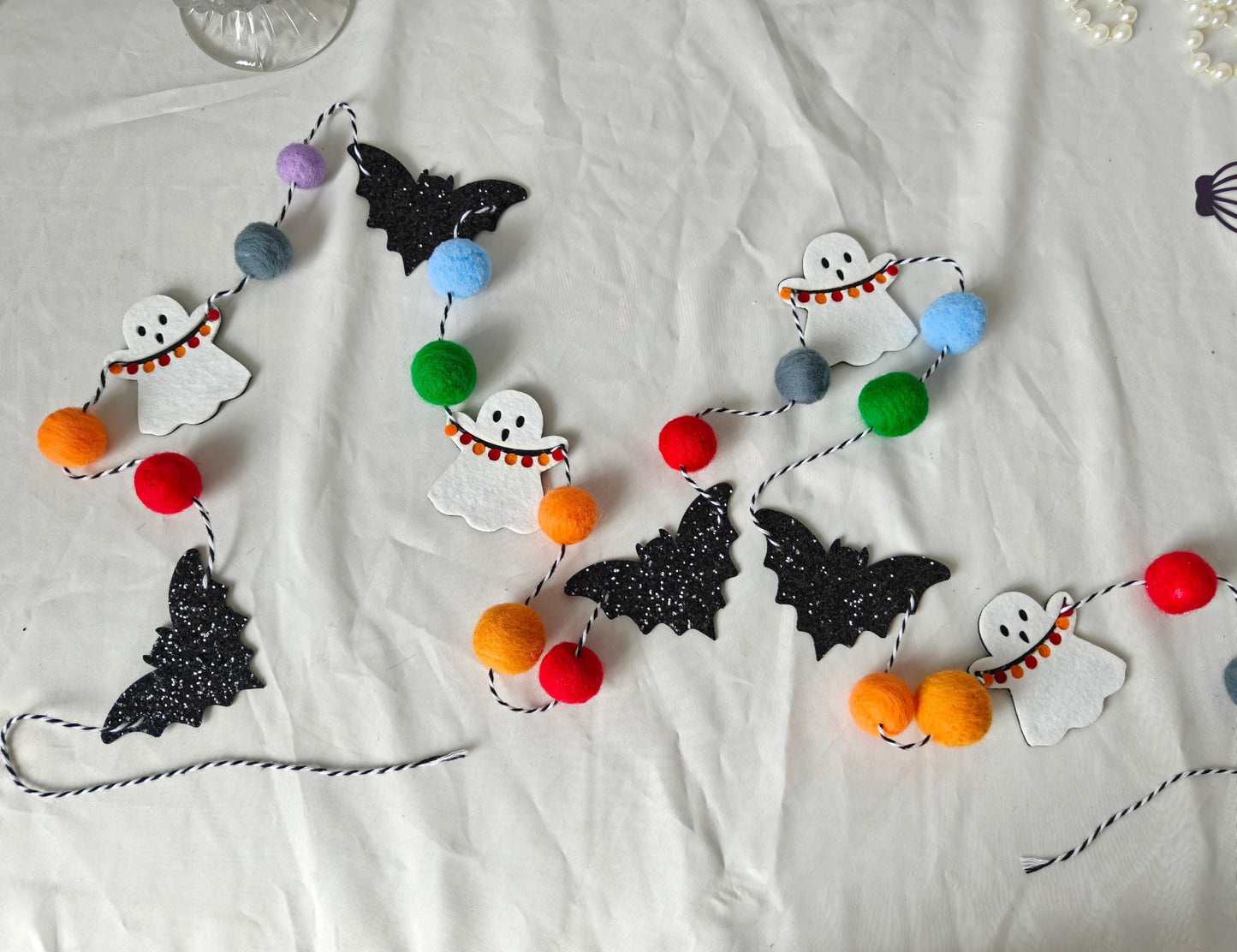 Felt Bat Ghost Garland - Spooky Halloween Party Decorations,Spooky Banner with Colorful Felt Balls,Halloween Wall Mantel Hanging Garland,Black Bat White Ghost Photo Backdrop