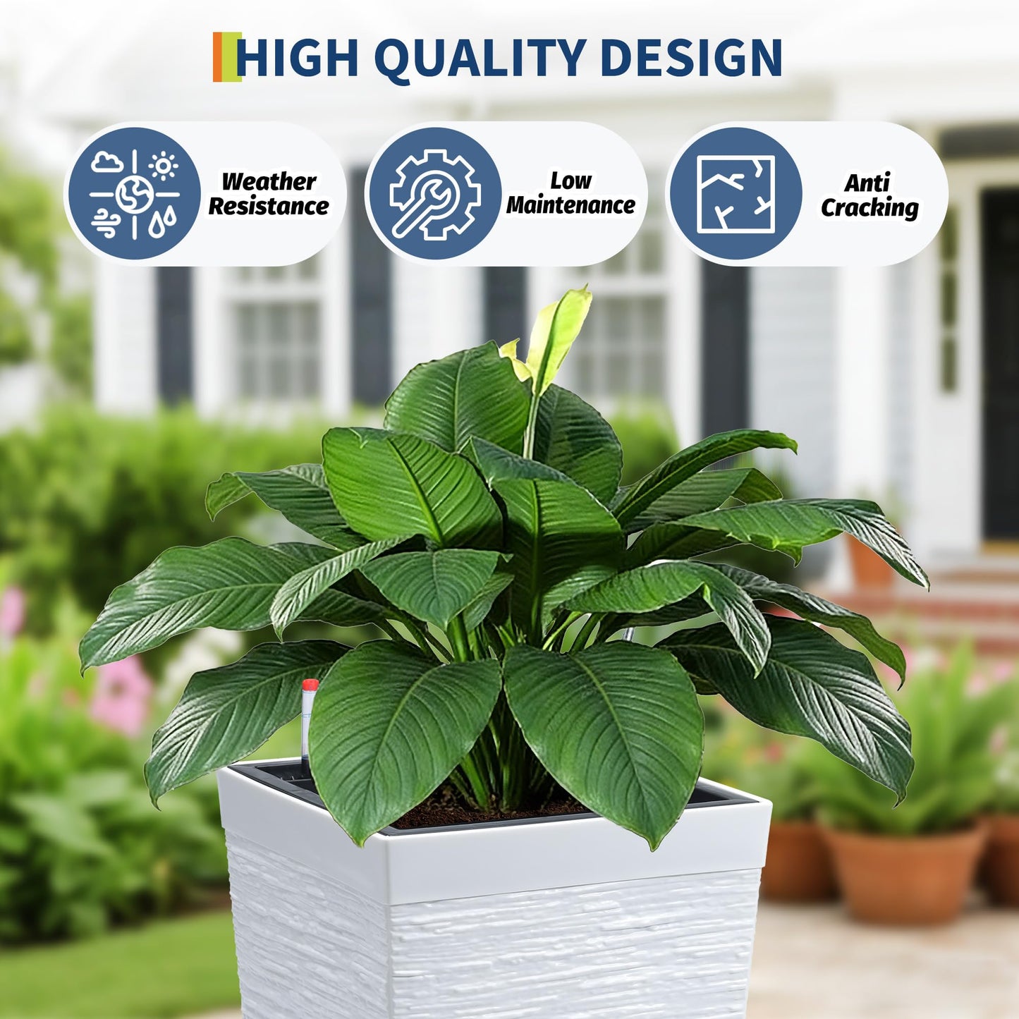 Garvee 16" Tall Planters Set of 2, Self Watering Tall Planters, Outdoor＆Indoor Planter Pots, High Front Porch Planters Pots with Drainage Holes＆Water Level Monitor, White