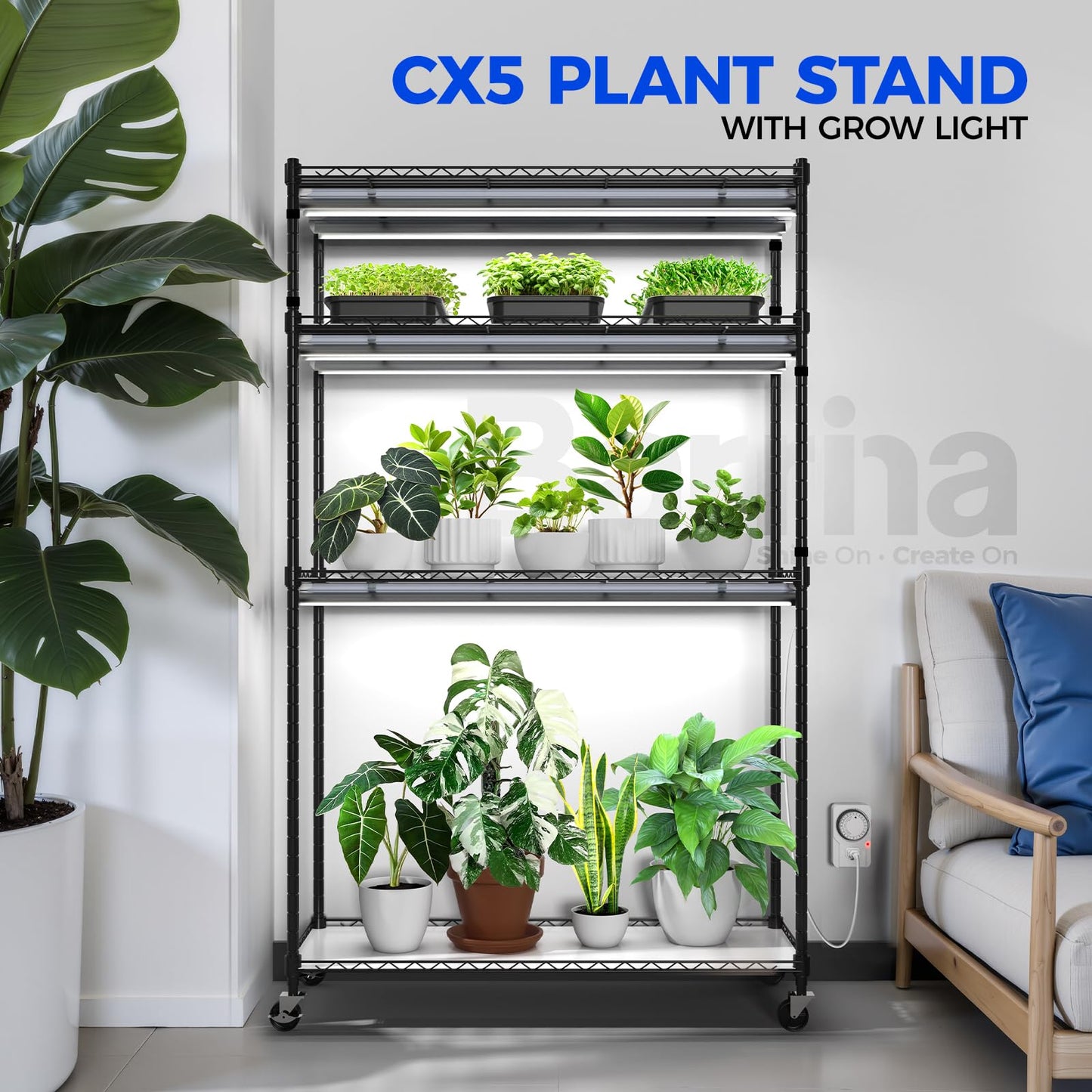 Barrina CX5 Plant Stand with Grow Lights for Indoor Plants, 4-Tier Plant Shelf with T8 3FT 180W Full Spectrum Grow Light for Seed Starting, Succulent, Timer Socket, Greenhouse, 35.4"x13.8"x59"
