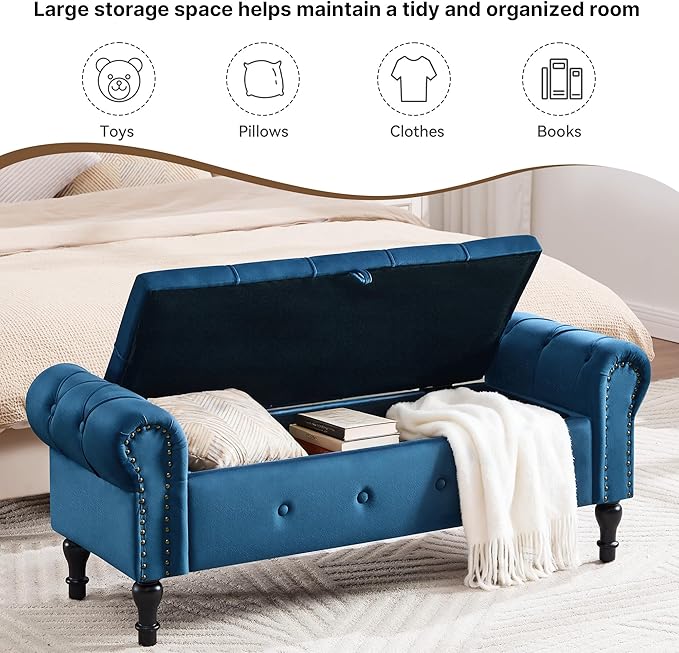 Storage Bench for Bedroom, Velvet 51" End of Bed Bench, Queen Size Bench