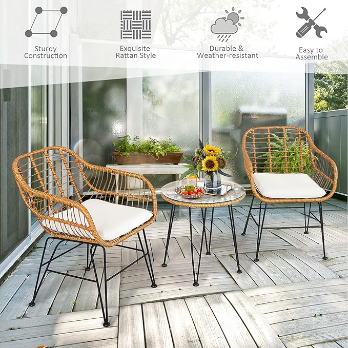 Tangkula 3 Pieces Patio Bistro Set, Rattan Conversation Set
