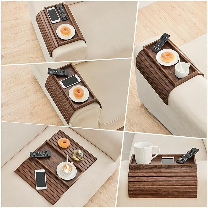 GEHE Bamboo Sofa Arm Tray, Foldable Couch Arm Tray Side Table, Anti-Falling