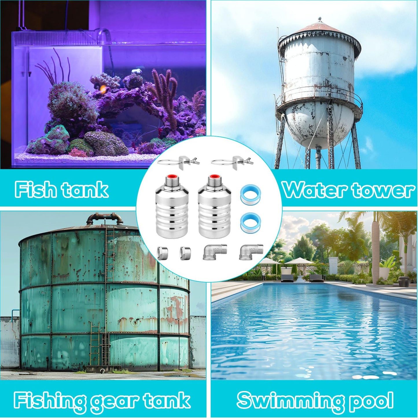 2pcs Water Float Valve, Stainless Steel Automatic Water Level Control Float Valve 1/2in and 3/4in Connection Types for Fish Tank Swimming Pool Livestock Trough