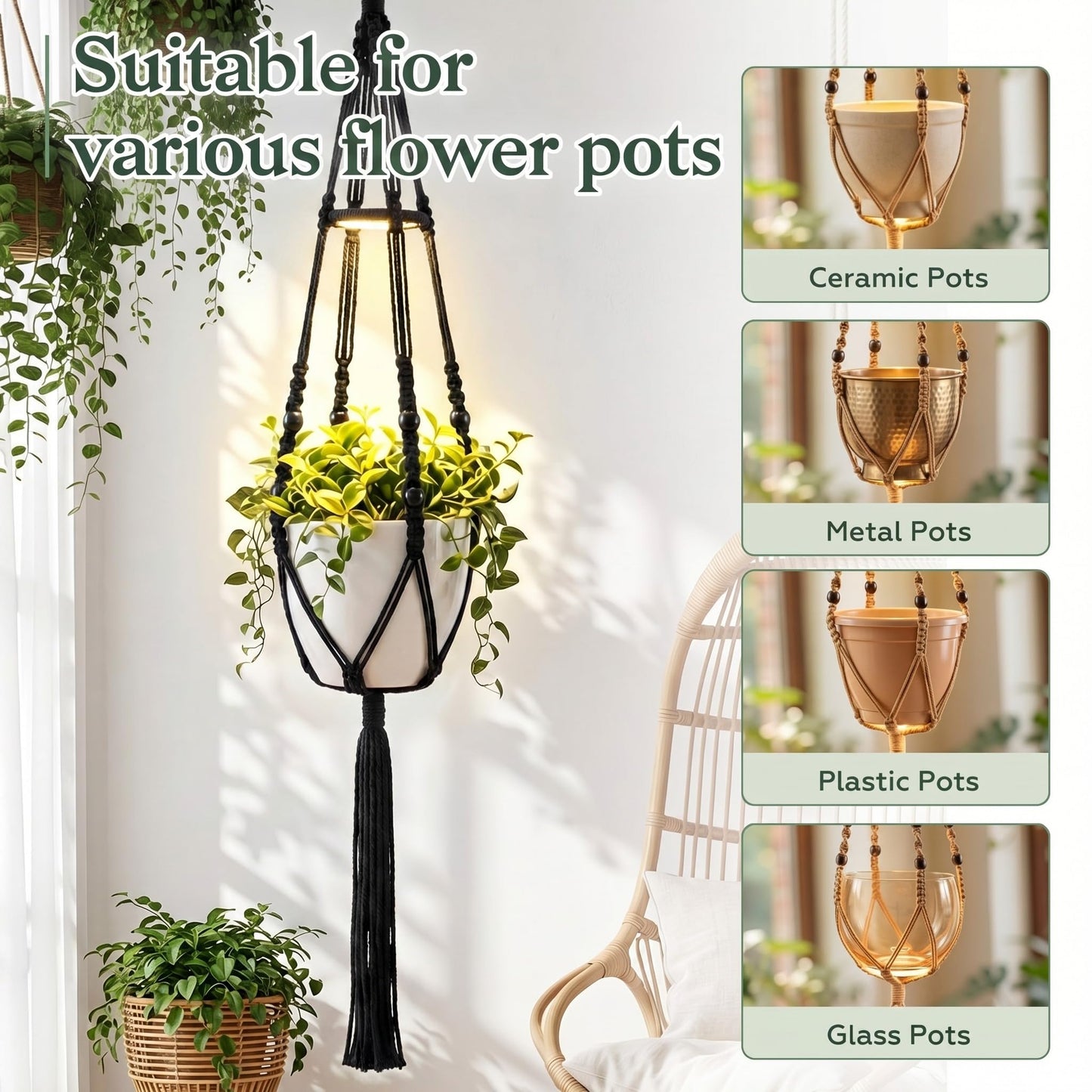 Huquary 3 Pack Macrame Plant Hanger with Grow Light Hanging Boho Planter Basket Flower Holder and Hanging Remote Grow Lights for Indoor Plants Suitable for Different Size Pots(Black)