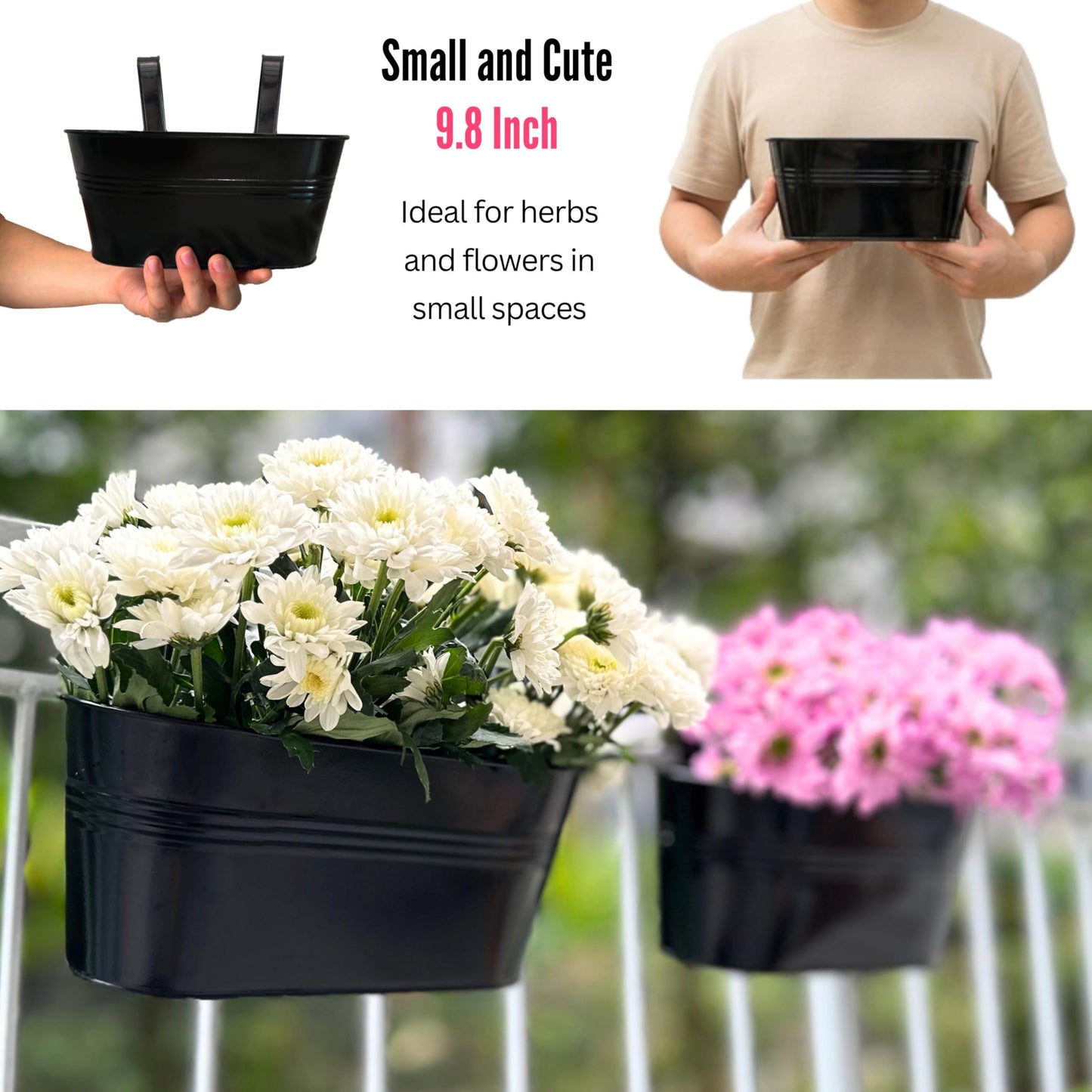 LaLaGreen Outdoor Rail Planter for Balcony (4 Pack, 9.8 Inch) Small and Cute Black Metal Iron Fence Hanging Flower Pots Deck Railings Buckets Boho Style Window Box Plant Holder Hooks Porch Decor